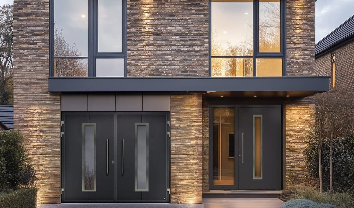 Side-hinged garage doors exterior view