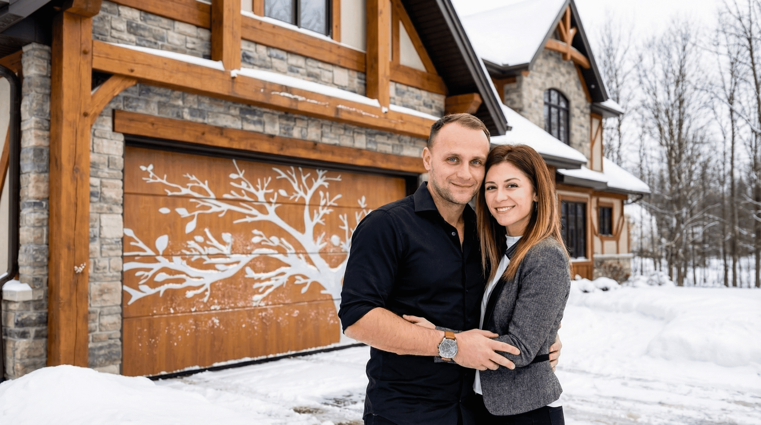 Stan and Marta Klugman in front of custom Ryterna tree-design garage door