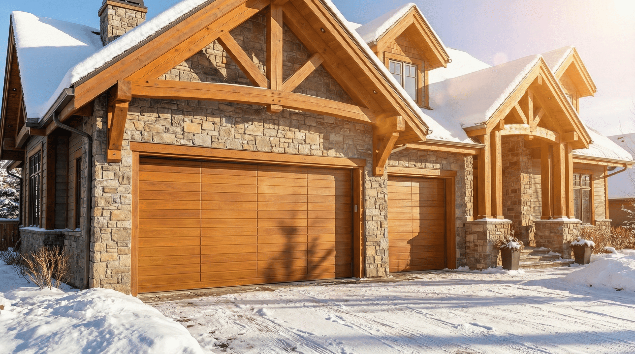 Okoume wood-clad Ryterna garage door on craftsman home in Calgary