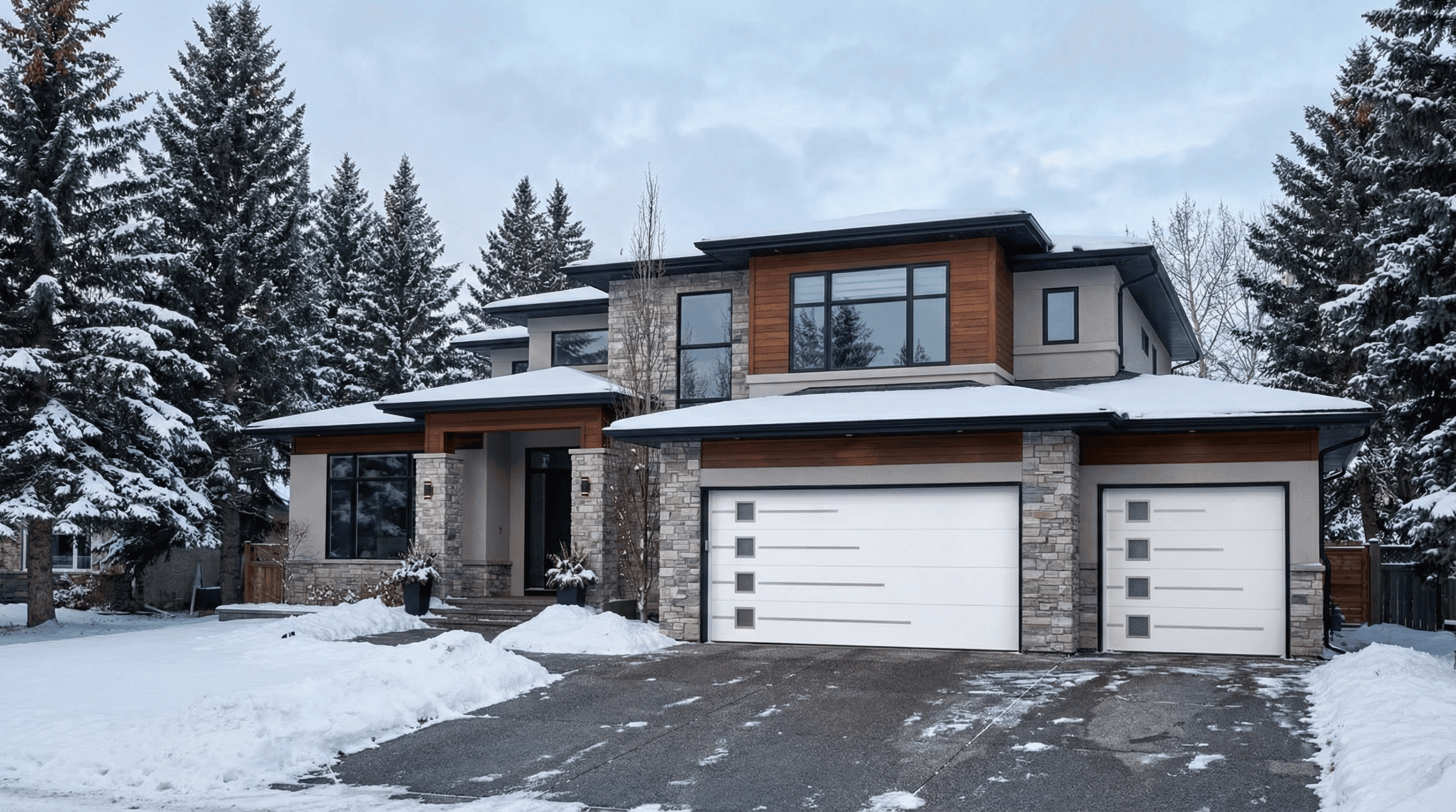 Modern Ryterna garage doors installed on Calgary home in winter